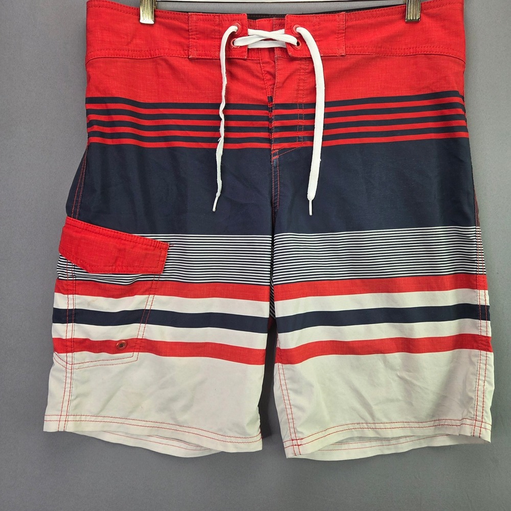 Mossimo Board Shorts Mens 34 Red Navy Blue White Striped Swim Trunks Cargo Surf